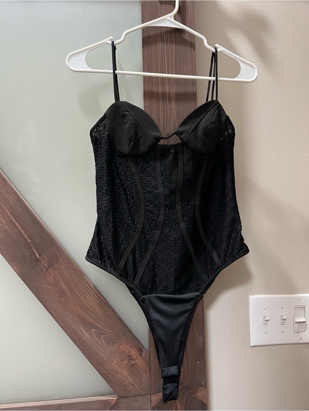 Black Lace Bustier Bodysuit with Spaghetti Straps
